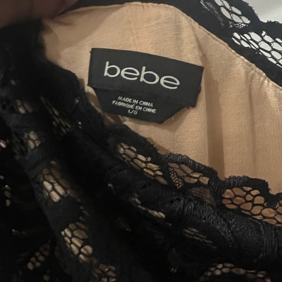Bebe Off the Shoulder Midi Lace Dress Black and Nude Large - Picture 3 of 4